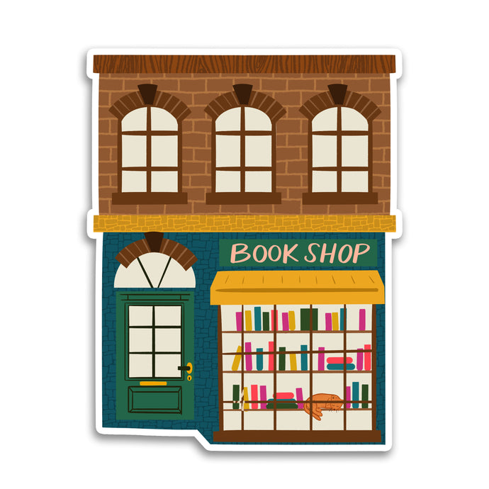 Illustration of a bookshop with a brick facade and bookshelf.