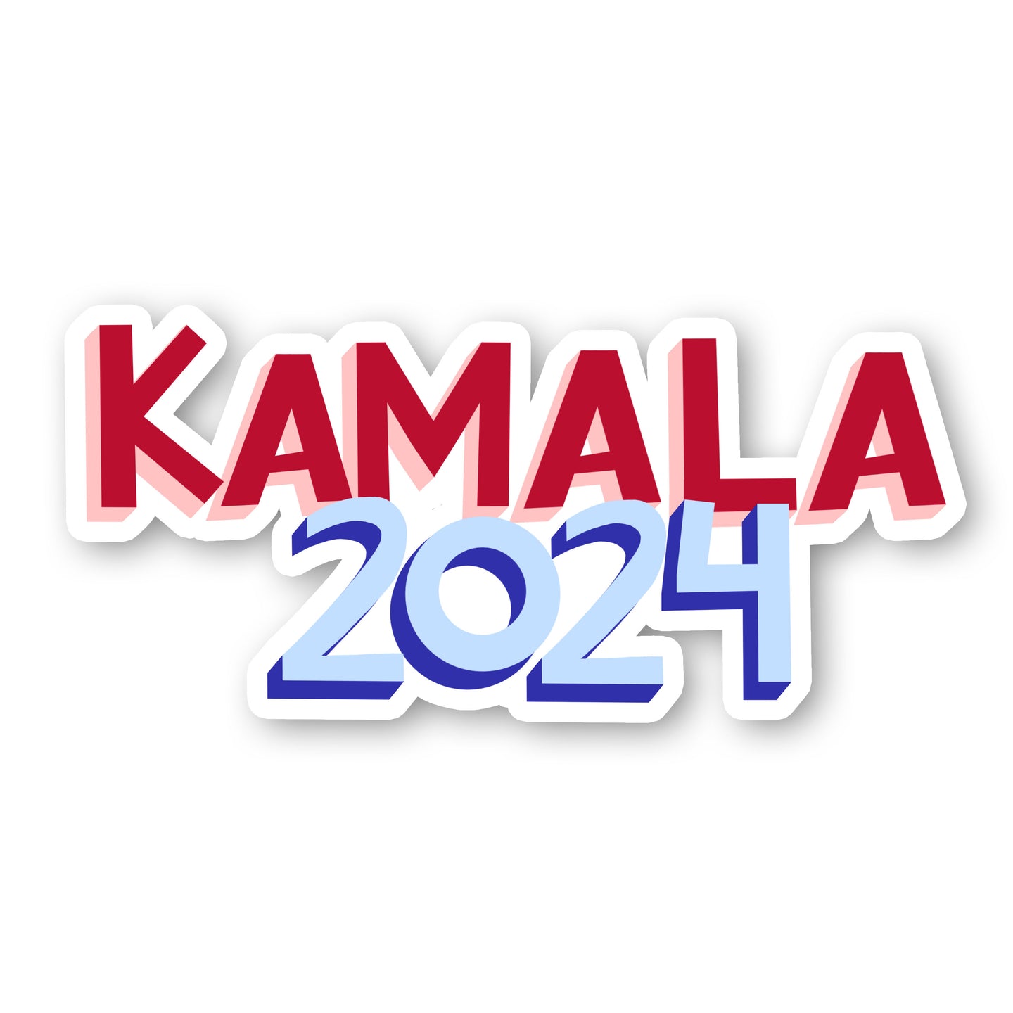 This is a vinyl waterproof sticker that says Kamala in red and pink block letters with 2024 in blue block letters directly below.